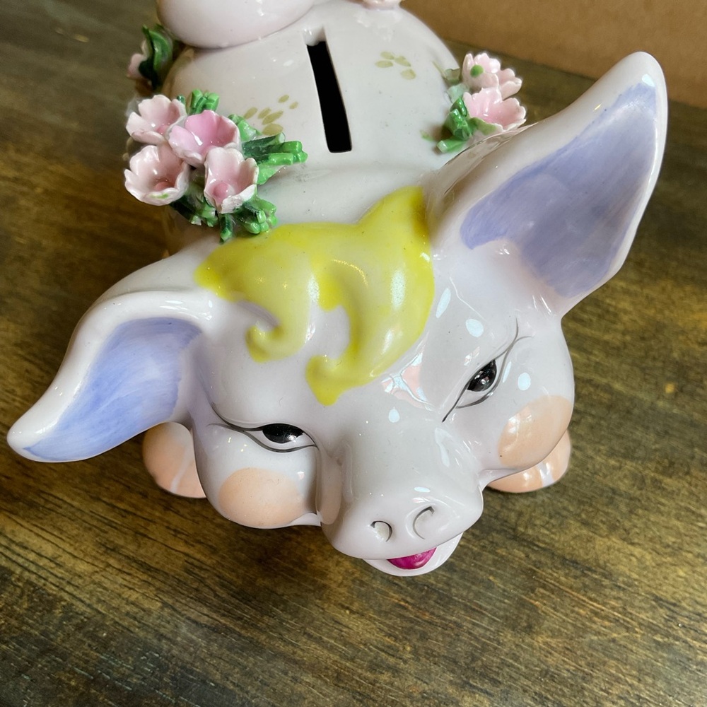 Vintage Lefton China Piggy Bank Pink Pig w/ Applied Flowers Hand Painted Japan - Picture 10 of 10